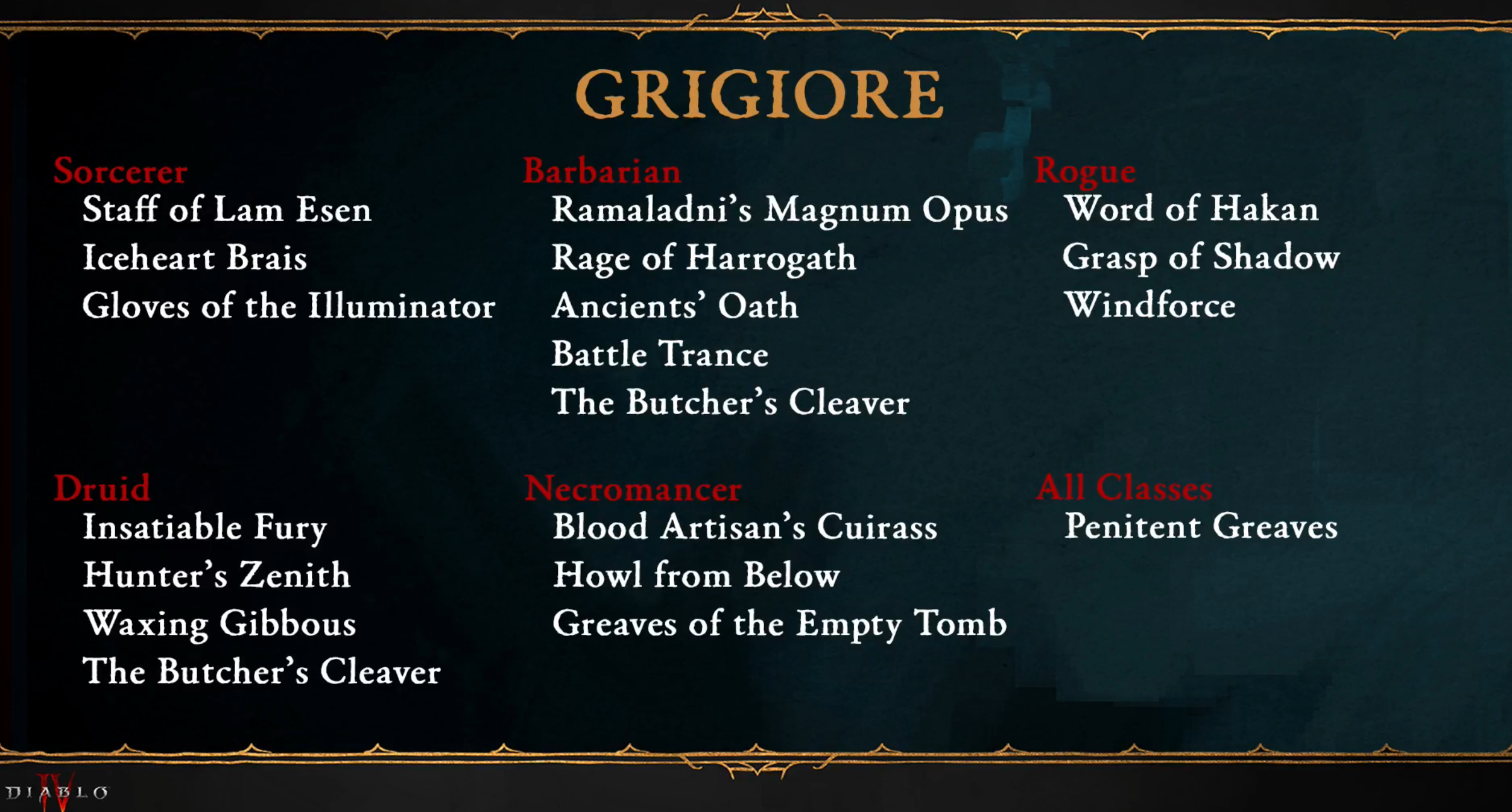 drops uniques Grigoire Diablo 4