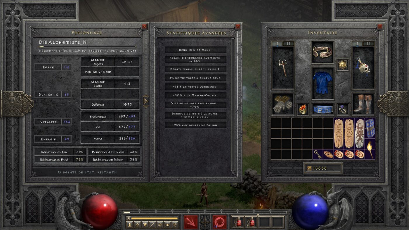 Statistiques build Nécromancien Invocation Endgame Diablo 2