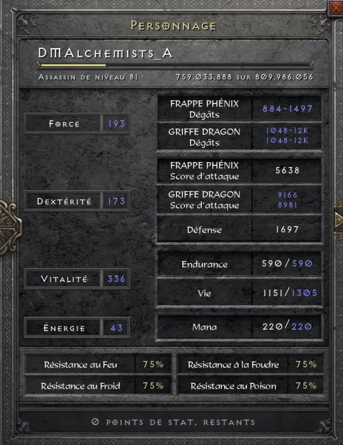 Statistiques enfer assassin art martiaux endgame Diablo 2 Resurrected