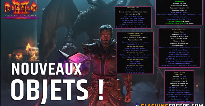 NOUVEAUX OBJETS D2R REIGN OF THE WARLOCK, craft charme brisé, uber joyaux, set démoniste et uniques !