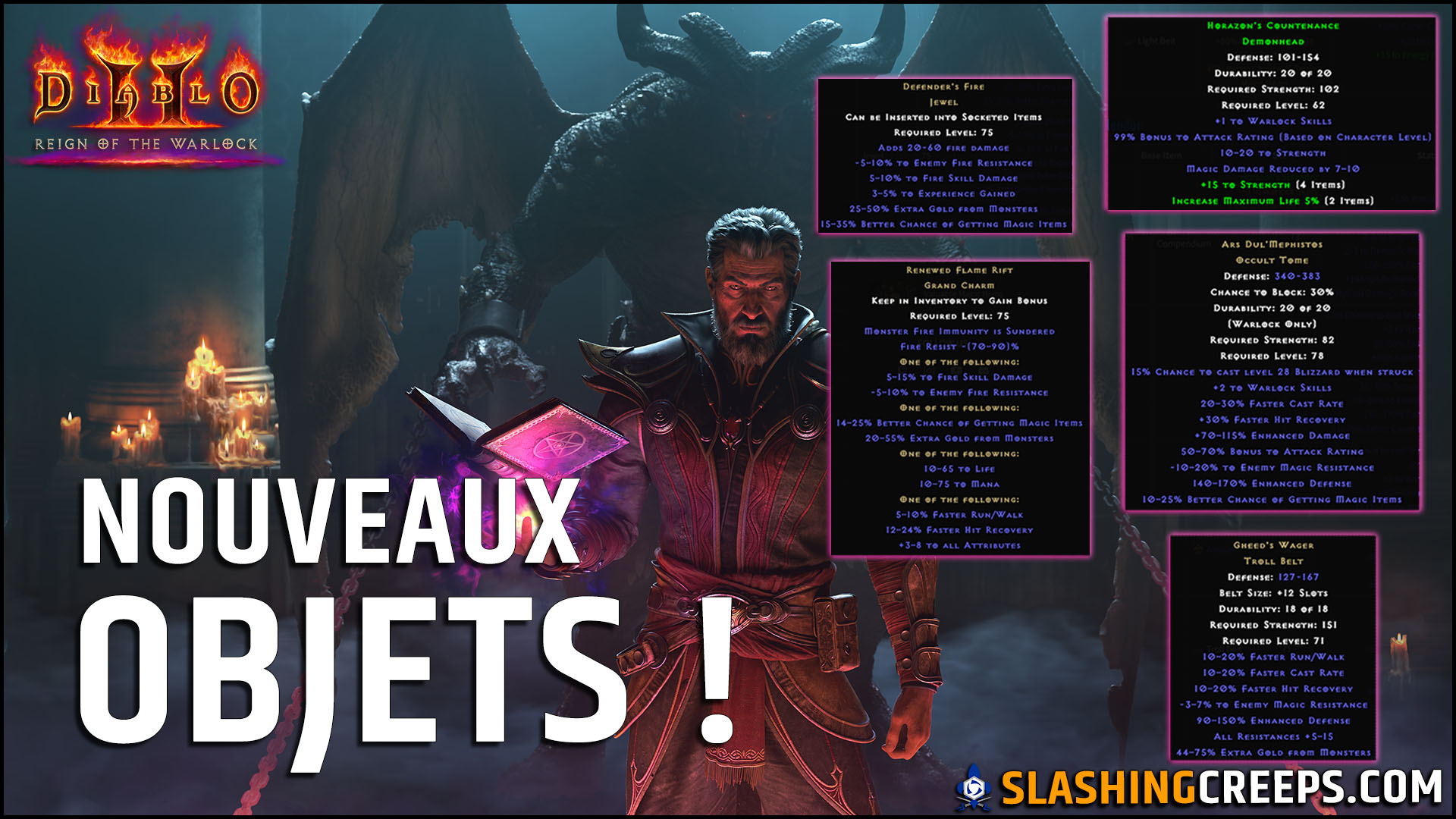 NOUVEAUX OBJETS D2R REIGN OF THE WARLOCK, craft charme brisé, uber joyaux, set démoniste et uniques !