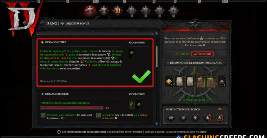 MESSAGE MUTILÉ DIABLO 4 SAISON 12, comment terminer l'objectif du rang de saison qui bug