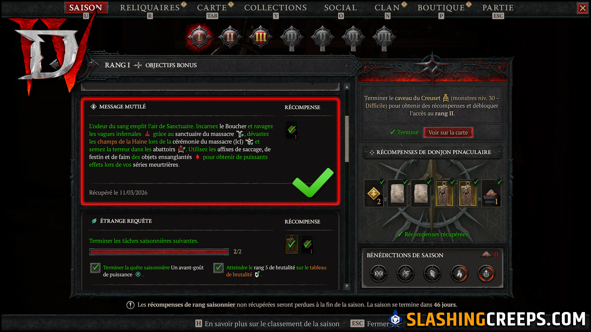 MESSAGE MUTILÉ DIABLO 4 SAISON 12, comment terminer l'objectif du rang de saison qui bug